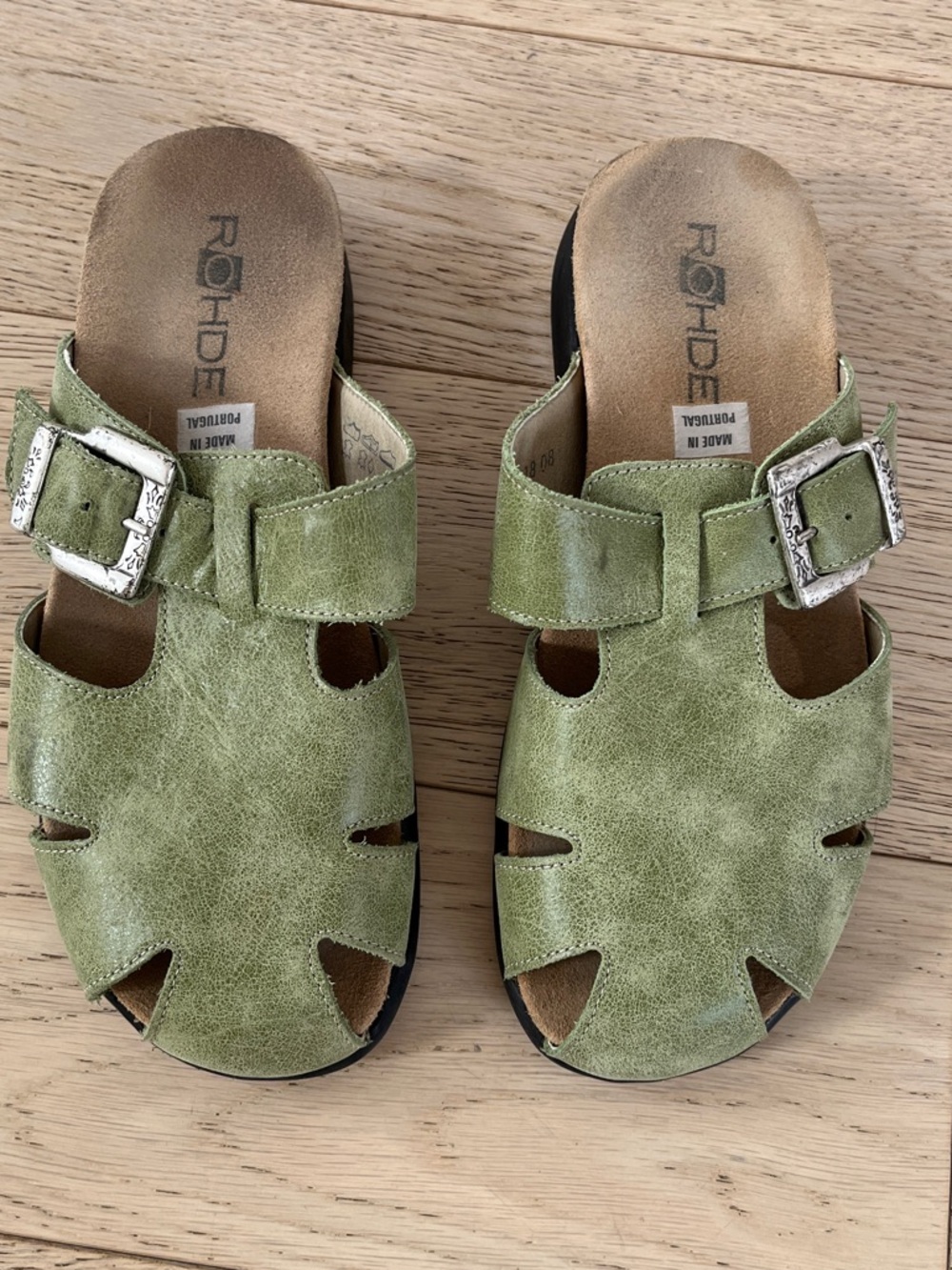 ROHDE Leather Cut Out Slip On Sandal Clogs Silver Tone Metal Buckle Artsy Boho